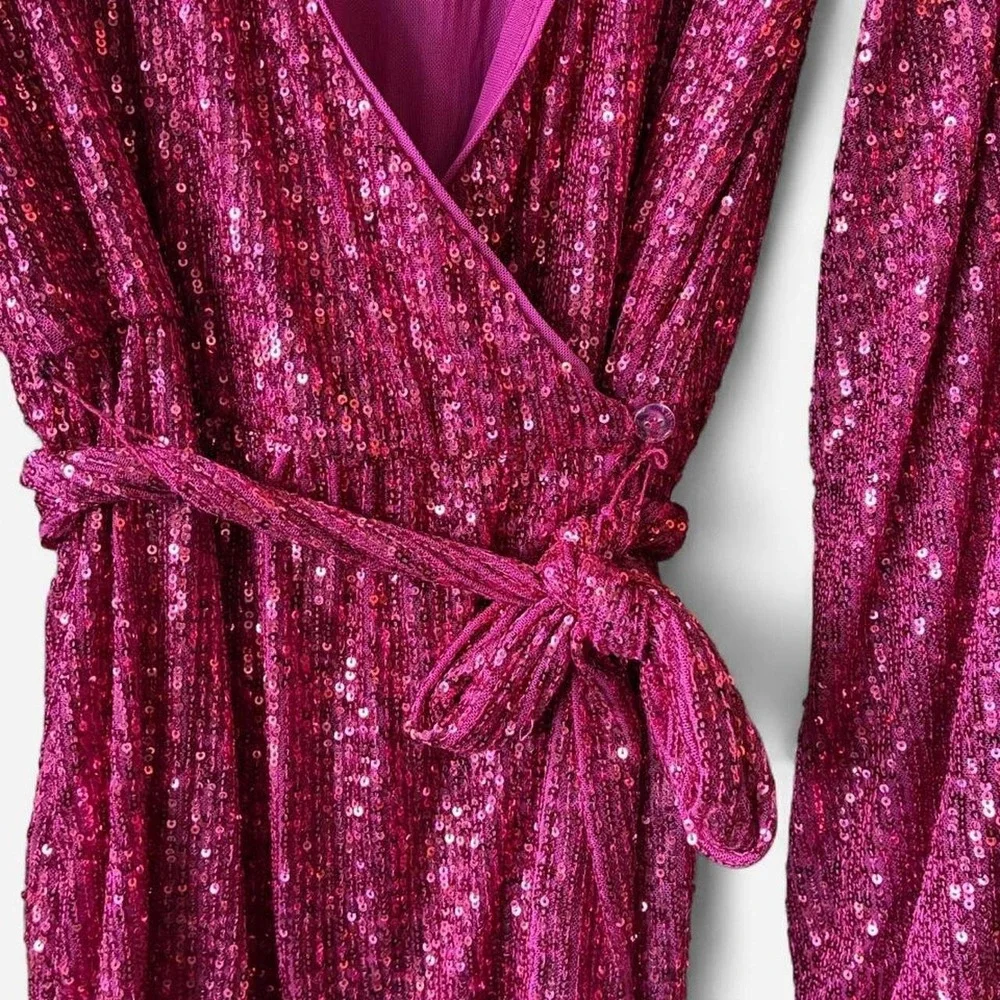 Free People hot pink sequin wrap romper tie waist Sz‎ XS #girlhoodcore